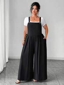 Cravure Plus Size Women Solid Color Pleated Design Casual Jumpsuit - Black - View 6