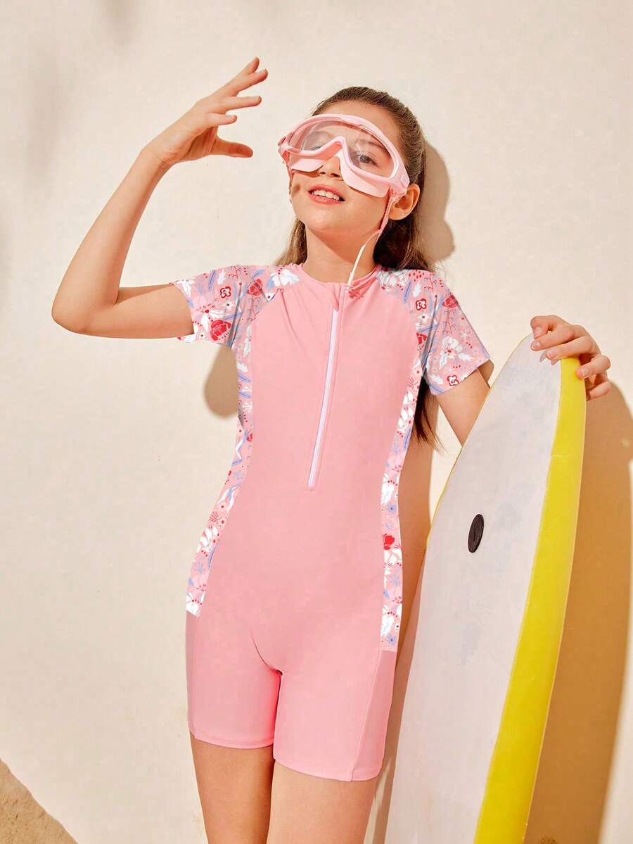 SHEIN Tween Girls Plant Print Zipper Front One-Piece Swimsuit, Summer Beach Summer Holiday - Pink - View 1