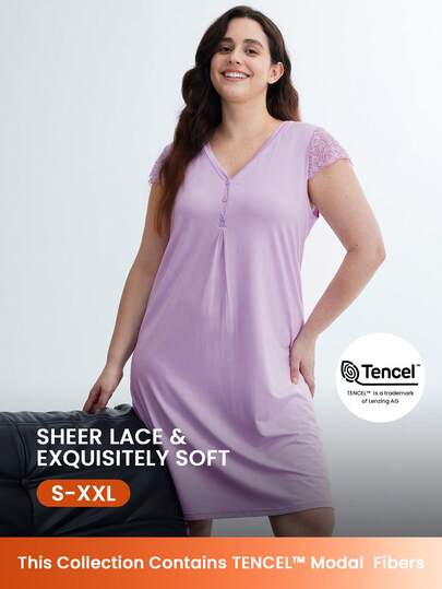 LUVLETTE 紫色超柔软天丝™莫代尔蕾丝拼接短袖睡裙，透气女士睡衣吊带裙，内衣睡衣，春夏款