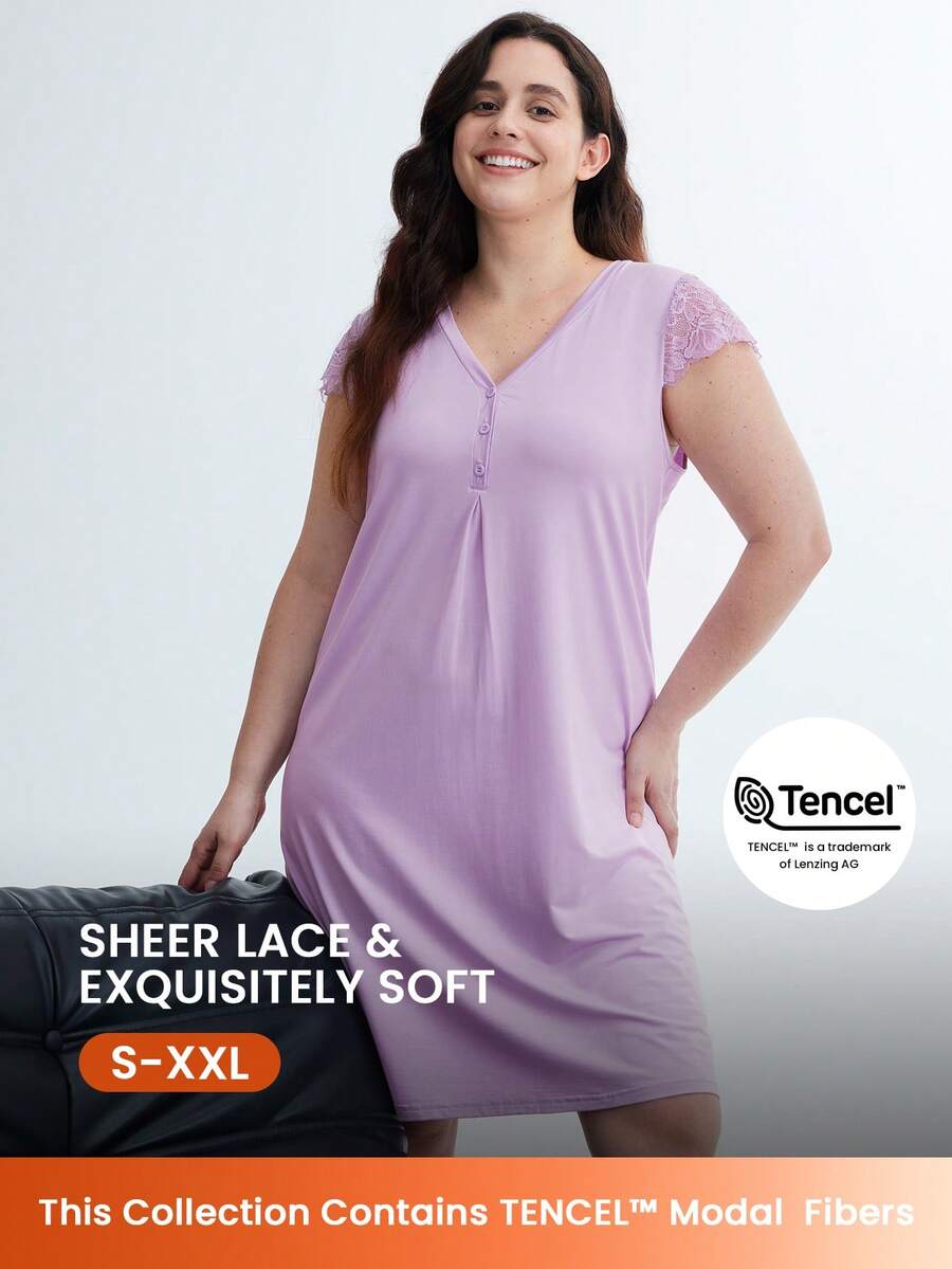 LUVLETTE 紫色超柔软天丝™莫代尔蕾丝拼接短袖睡裙，透气女士睡衣吊带裙，内衣睡衣，春夏款 - 淺灰紫 - 查看 1