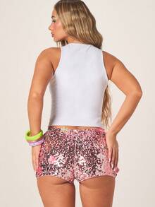 MISSGUIDED Women's Pink Sequin Hot Pants With 3D Flower Appliques Festival Party Night Shorts Sparkle Glitter Club Wear Summer Sexy - Pink - View 3