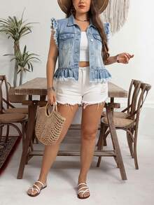 Breezaya Plus Size Casual Ruffled Denim Jacket - Blue - View 5