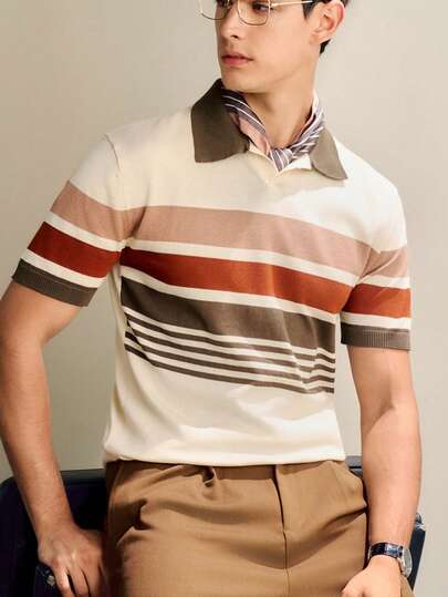 RONVEXI Camiseta casual de punto de manga corta y rayas para hombre