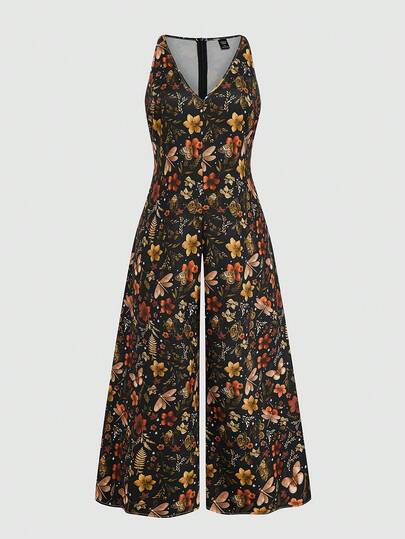 Sweetra Plus Size V-Neck Printed Sleeveless Wide Leg Jumpsuit With Invisible Zipper At Back