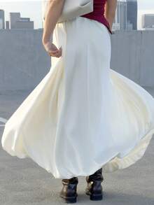 Kuleshova 女士纯色褶皱简约 A 字裙，休闲日常穿着 - 米色 - 查看 4