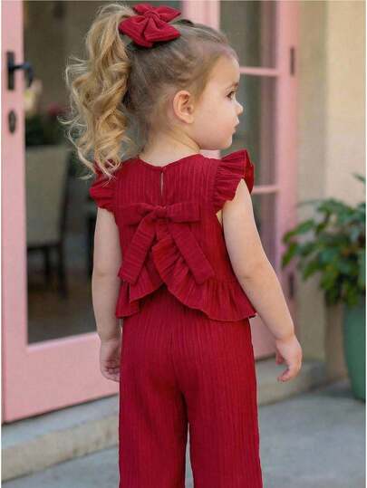 LMoss Kids 2件套女婴纯色圆领荷叶边休闲衬衫和裤子套装