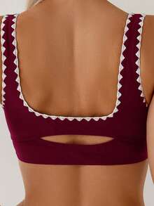 Swim Basics Women's Summer Beach Solid Color Shell Trim Thick Strap Front Ruched Hollow Back Bikini Top And Shorts Casual Holiday Swimsuit Set - Burgundy - View 4