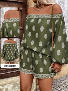 Breezaya Plus Size Women Floral Print Off-Shoulder Lantern Sleeve Top And Shorts 2 Pieces Set - Army Green - View 1