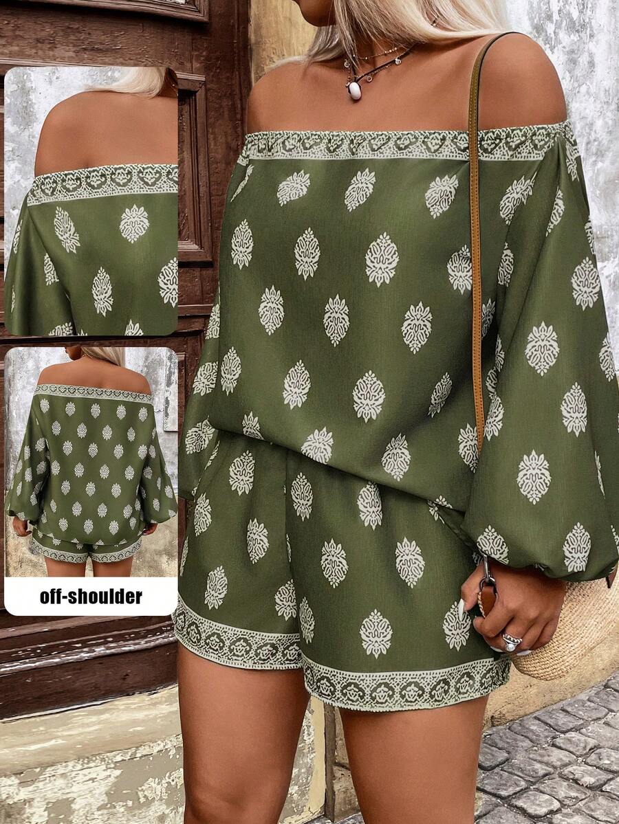 Breezaya Plus Size Women Floral Print Off-Shoulder Lantern Sleeve Top And Shorts 2 Pieces Set - Army Green - View 1