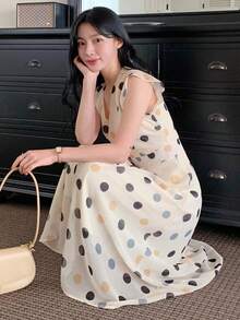 DAZY 女士几何印花V领优雅收腰中长派对连衣裙 - 米色 - 查看 3