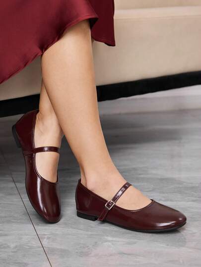 Sleekvia Women Shoes Spring And Summer New Mary Jane Buckle Design Low-Heeled Shoes Retro Literary And Elegant Commuting Style Burgundy Women's Flat Shoes Daily Street Dating Wear
