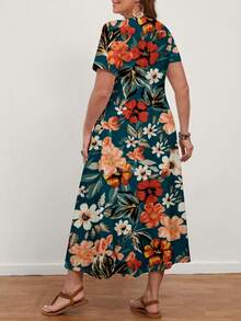 Mellowie 大码女式休闲简约V领短袖长裙，蜡笔质感花卉印花，适合夏季度假 - 彩色 - 查看 2