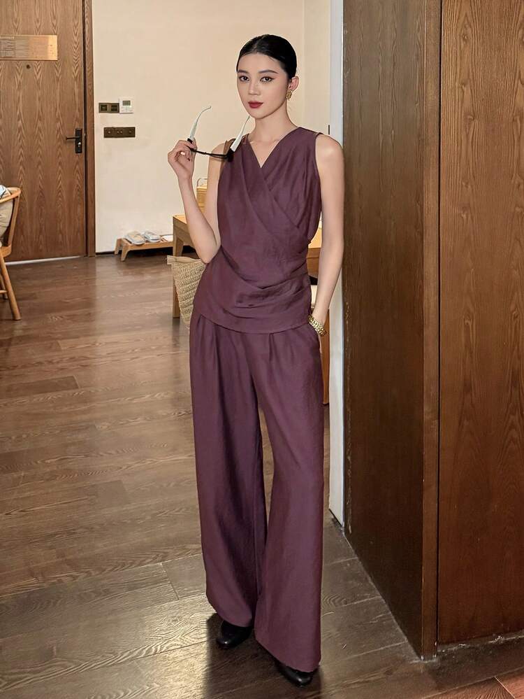Women's Vacation Casual Solid Color Wrap Tank Top And Pants 2 Pieces Set Summer