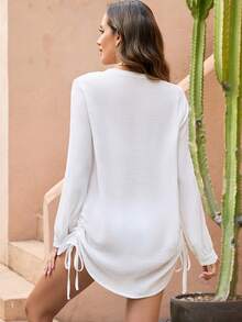 Swim Lushoire Women's Spring/Summer Beach Vacation Long Sleeve Drawstring Shirt Dress, Kimono Cover-Up - White - View 2