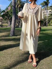 DAZY Đầm dài tay bồng buộc dây phối họa tiết chắp vá thanh lịch dành cho nữ, thích hợp cho mùa xuân/hè. - Trắng ngà - Xem 3