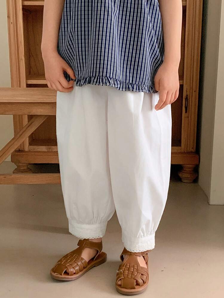 Young Girls' Casual Solid Color Elastic Waist Pants, Fall