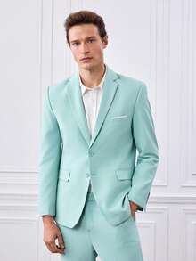 Officeau Men's 2 Pieces Elegant Suit Set, Men's Gentleman Solid Color Double-Breasted Slim-Fit Single-Breasted Business Suit Jacket And Pants Set, Suitable For Balls, Parties, Weddings, Etc., Mint Green, Size XS-3XL - Mint Green - View 5
