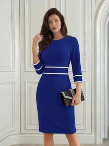 Medorina Váy dự tiệc dài vừa phải họa tiết chắp vá thanh lịch dành cho nữ - Màu xanh lam - Xem 4