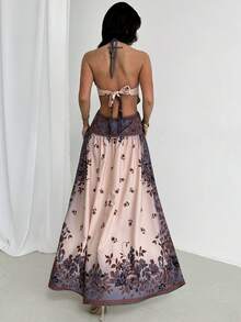 Firerie Women's Elegant Vacation Retro Bohemian Beach V-Neck Halter Backless Print Waist Hollow Long Dress, Suitable For Spring And Summer - Multicolor - View 4