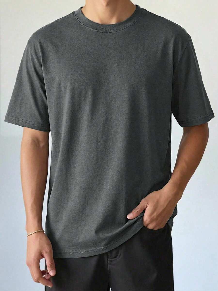 SHEIN Teen Boys' Casual Solid Color Versatile Comfortable Plain Round Neck Short Sleeve T-Shirt, Suitable For Commuting, School, Daily Casual, Vacation, Sports, Spring/Summer - Grey - View 1