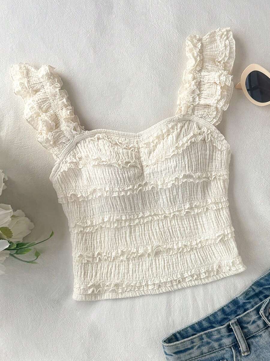 SHEIN 少女夏季白色度假短袖蕾丝衬衫,纹理修身蕾丝上衣,适合下午茶、海滩度假等场合。少女上衣,夏季荷叶边上衣,粉色上衣,青少年荷叶边上衣,可爱少女夏季上衣,婴儿白色上衣,夏季针织上衣,针织罗纹抹胸吊带衫,少女针织罗纹抹胸吊带衫。 - 白色 - 查看 1