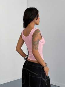 StreetHx Áo tank top trắng thời trang dành cho nữ, trang trí kim loại - Hồng - Xem 2