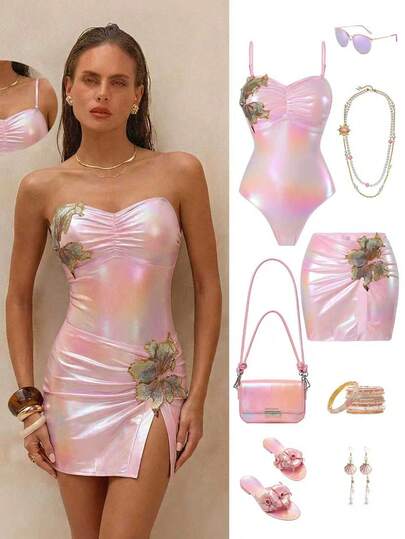 Swim Oasis Women's Pink Shiny Fabric Swimsuit With Sequin Flower Patch And Matching Skirt, 2-Piece Beach Vacation Outfit, Summer