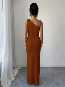 Selianne Stylish Women's Brown Knitted Sleeveless Fitted Long Dress Asymmetrical Neck Slit Prom Wear - Brown - View 2
