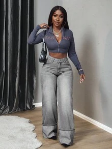 SHEIN Tall Quần jeans ống rộng nữ có túi và cúc, kiểu dáng thường ngày, đa năng. - Xám - Xem 4