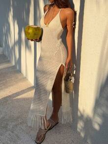 SHEIN SunnyBelle Đầm dệt kim xẻ cao, kiểu dáng thường ngày, thích hợp cho kỳ nghỉ hè, đi biển, phong cách đảo nhiệt đới, có khoét lỗ và tua rua, chất liệu dệt kim, thích hợp cho mùa xuân/hè. - Màu be - Xem 5