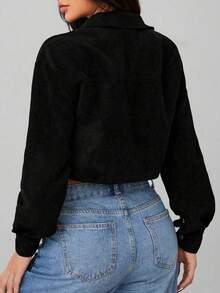 Short Corduroy Jacket With Lapel Detail And Sagging Shoulders For Spring/Winter - Black - View 2