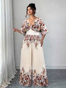 Elenzga Women's Printed Deep V Neck Batwing Sleeve Pleated Elegant Jumpsuit Business Casual Summer Women Outfit Western Wear - Multicolor - View 4