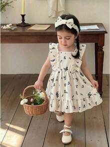 SHEIN 2pcs/ Baby Girl's Cute Summer Beige Sleeveless Halter-Neck,Textured Floral Print Dress With Ruffles,Family Matching Outings Decorative Headscarf - Apricot - View 8