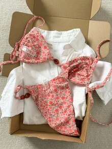 Swim Mod Conjunto de bikini de tirantes finos con estampado aleatorio y cuentas para mujer, primavera/verano - Multicolor - Ver 3