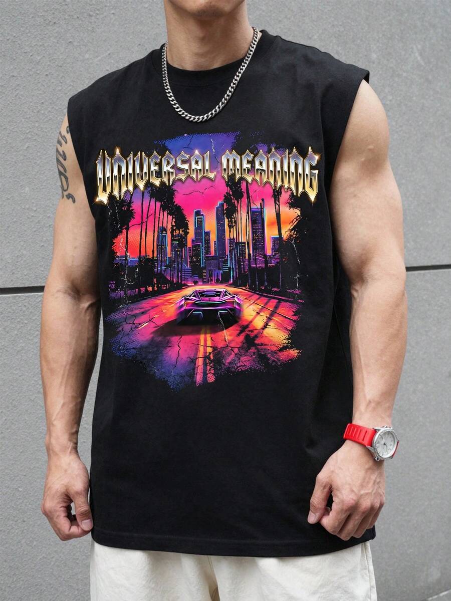 Manfinity LEGND Men's Round Neck Letter & City Print Casual Versatile Daily Wear Top - Black - View 1