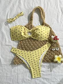 Swim Mod 女士夏季黑白波点印花紧身性感沙滩两件式比基尼泳衣波点泳衣黄色两件式泳衣抹胸比基尼波点比基尼黄色两件式比基尼套装 - 黃色 - 查看 1