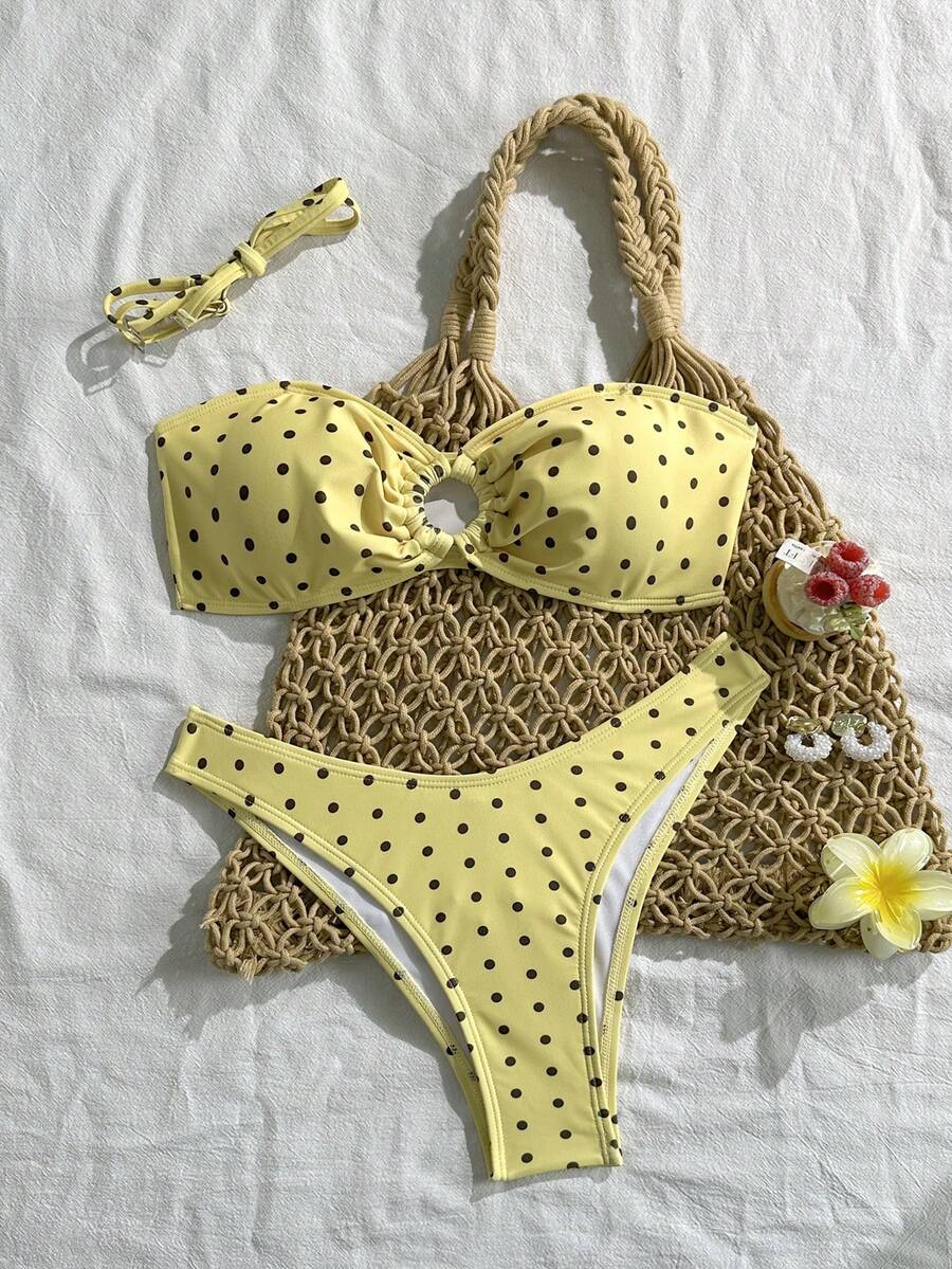 Swim Mod 女士夏季黑白波点印花紧身性感沙滩两件式比基尼泳衣波点泳衣黄色两件式泳衣抹胸比基尼波点比基尼黄色两件式比基尼套装 - 黃色 - 查看 1