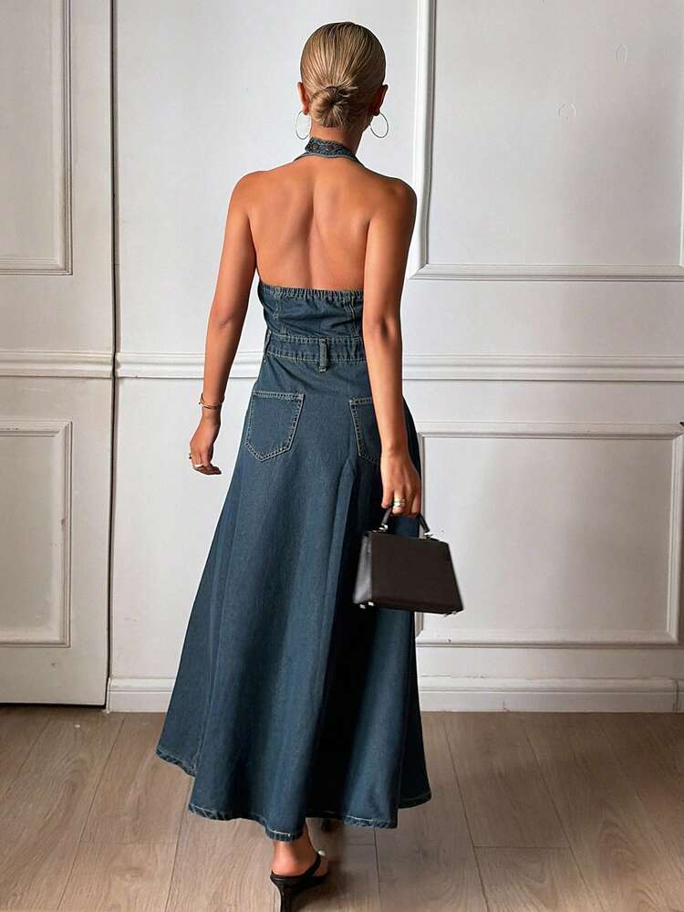 Western Cowgirl Halter A-Line Maxi Casual Denim Dress For Women, Spring/Autumn