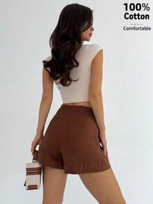 Firerie Women's Elegant Casual Everyday Commute Office Versatile Shorts, Brown Tie-Up Design Decoration Loose Straight Leg Shorts, Suitable For Vacation, Beach, Teacher , Daily Wear - Brown - View 4