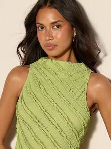 COSMINA Women's Mini Dress, Sleeveless Striped Mini Dress, Knitted Texture Fabric, Special Dress, Fashionable Women's Dress, Summer Women's Mini Dress, Asymmetric Hem, Green Mini Dress, Women's Wedding Guest Dress, Garden Women's Dress - Green - View 6