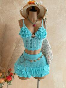 Soleia Women's Vacation Casual Outfit - Teal Blue Ruffle Camisole Sweater + Ruffle Mini Skirt Set, Suitable For Holiday, Date, Afternoon Tea, Music Festival, Boho, Beach Vacation, Summer, Daily Commute - Teal Blue - View 8