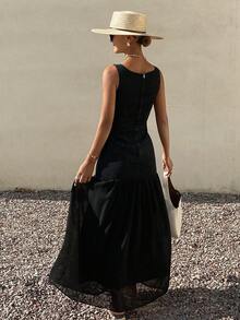 Women's Summer Sleeveless Scoop Neck Mesh Patchwork Long Denim Dress - Dark Wash - View 5