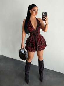 SHEIN SXY 夏季大码性感豹纹露背迷你连衣裙 - 酒紅色 - 查看 5