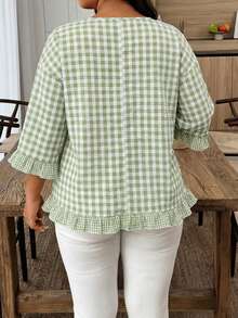 Weeklong Plus Size Casual Plaid Ruffle Trim Shirt - Mint Green - View 2