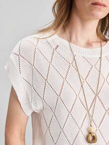 Ontre Loose Slouchy Diamond Hollow Knit Sweater - Beige - View 5