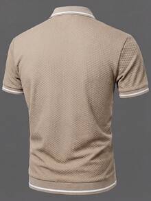 Calvornis 男士休闲商务 Polo 衫，适合日常穿着，舒适提花面料，休闲成熟风格，杏色针织 Polo 衫，罗纹细节，适合网球、高尔夫等正式场合。 - 卡其色 - 查看 3