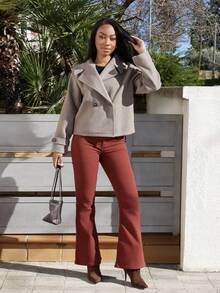 Yess Loren Women's Oversized Collar Decorated Button Long Sleeve Overcoat - Coffee Brown - View 3