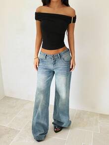 SHEIN PETITE 不对称肩部针织T恤上衣，紫红色黑色上衣 - 黑色 - 查看 5