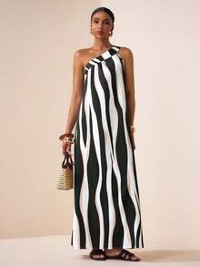 Zivah 2026 Spring/Summer New Arrival, Suitable For Valentine's Day, Wedding Season, Music Festivals, Easter, Western Style, Nomadic Style, Bohemian, Nashville, Party Attendance, Wedding, Evening Party, Date, Gathering, Birthday Party, College Style, Student Wear, Daily Outings, Basic Versatile, Casual, Vacation, Cruise Travel, Beach, Sunbathing, Viral Hit, Elegant, Commute, Business Casual, One-Shoulder Tie Strap Asymmetric Sleeveless, Wavy Black Khaki Stripe Print Loose A-Line Maxi Dress, Striped Maxi Dress, Spring/Summer Maxi Dress, Party Maxi Dress, Sexy Maxi Dress, Vacation Maxi Dress, Casual Maxi Dress, Women Maxi Dress - Multicolor - View 4