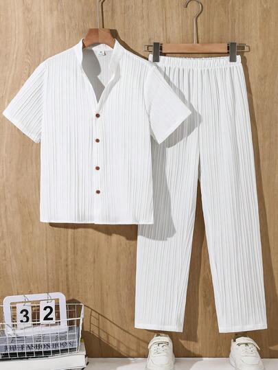 SHEIN 两件套儿童/青少年男童休闲舒适立领开襟宽松短袖衬衫和直筒宽松裤套装